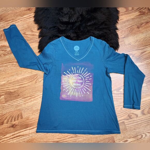 Life is Good "Good Day Sun Shine" Blue Long Sleeved V-Neck T-Shirt Size M - Picture 1 of 7
